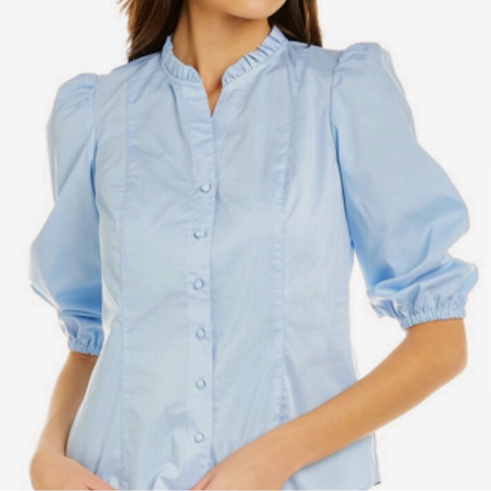Nanette Lepore 3/4 Length Puffed Sleeve Chambray Blue Top Women’s Size Small EUC